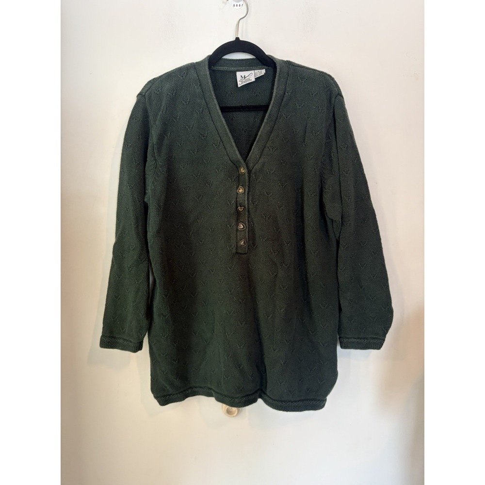 Vintage Maggie Lawrence Henley Sweater‎ Green Textured Heart Buttons Size 18/20